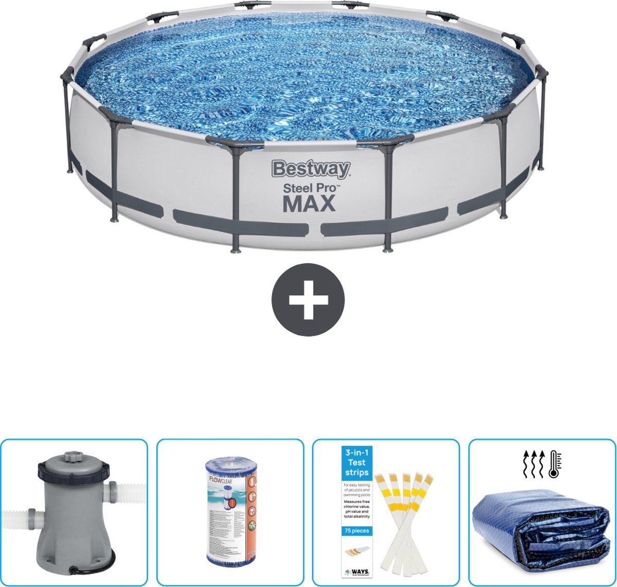 Bestway Rond Steel Pro MAX Zwembad - 366 x 76 cm - Grijs - Inclusief Pomp Filter - Testrips - Solarzeil