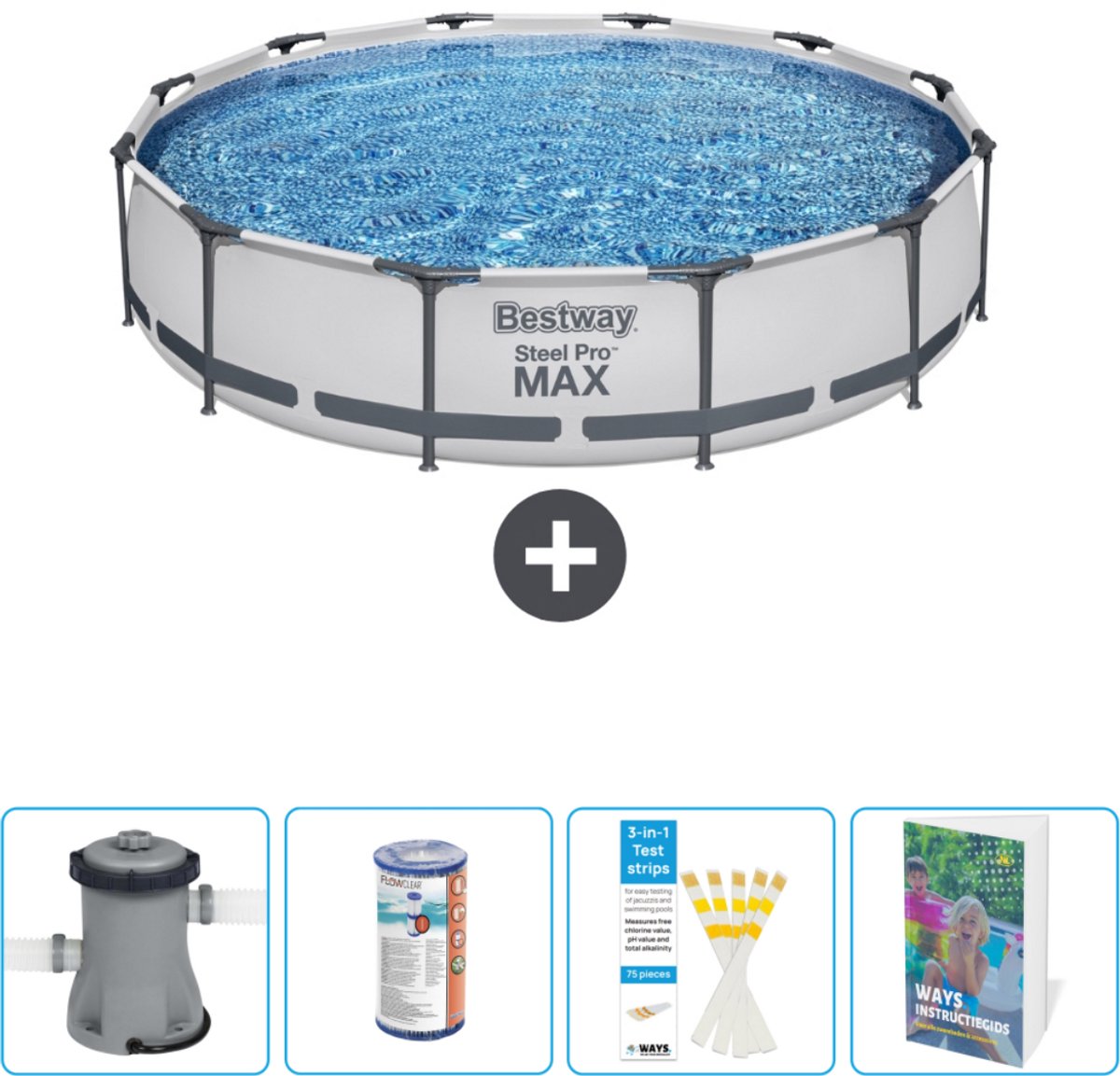 Bestway Rond Steel Pro MAX Zwembad - 366 x 76 cm - Grijs - Inclusief Pomp Filter - Testrips - Zwembadgids