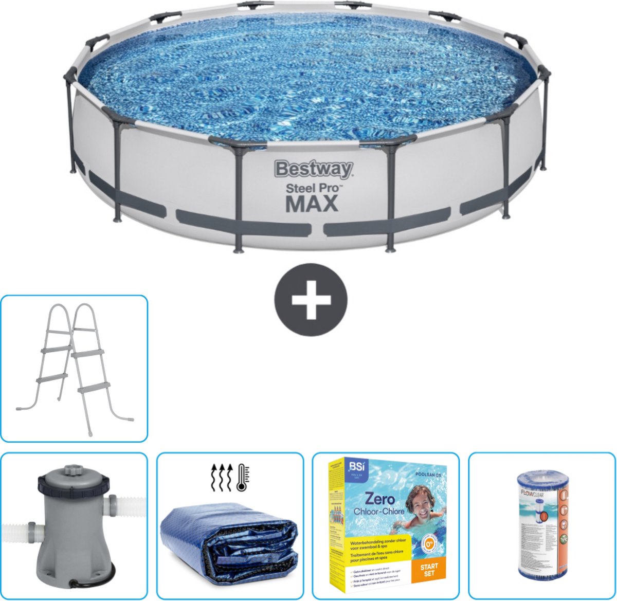 Bestway Rond Steel Pro MAX Zwembad - 366 x 76 cm - Grijs - Inclusief Pomp Solarzeil - Onderhoudspakket - Filter - Ladder
