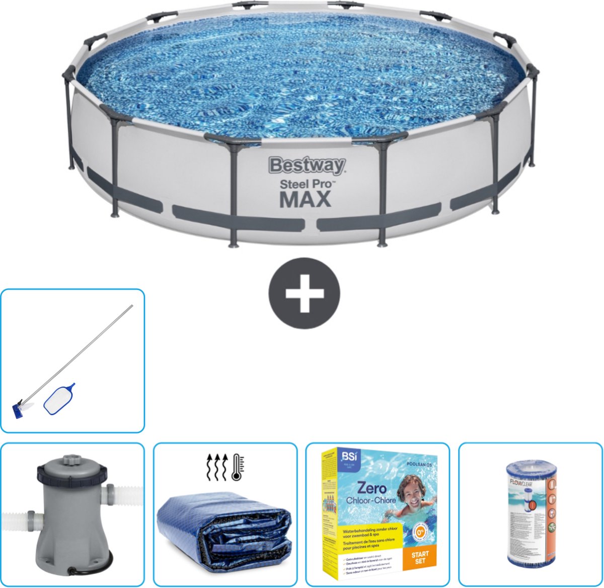 Bestway Rond Steel Pro MAX Zwembad - 366 x 76 cm - Grijs - Inclusief Pomp Solarzeil - Onderhoudspakket - Filter - Schoonmaakset
