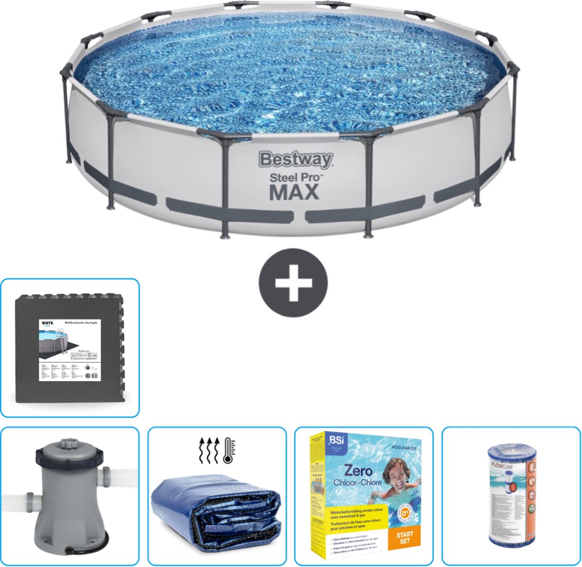 Bestway Rond Steel Pro MAX Zwembad - 366 x 76 cm - Grijs - Inclusief Pomp Solarzeil - Onderhoudspakket - Filter - Vloertegels