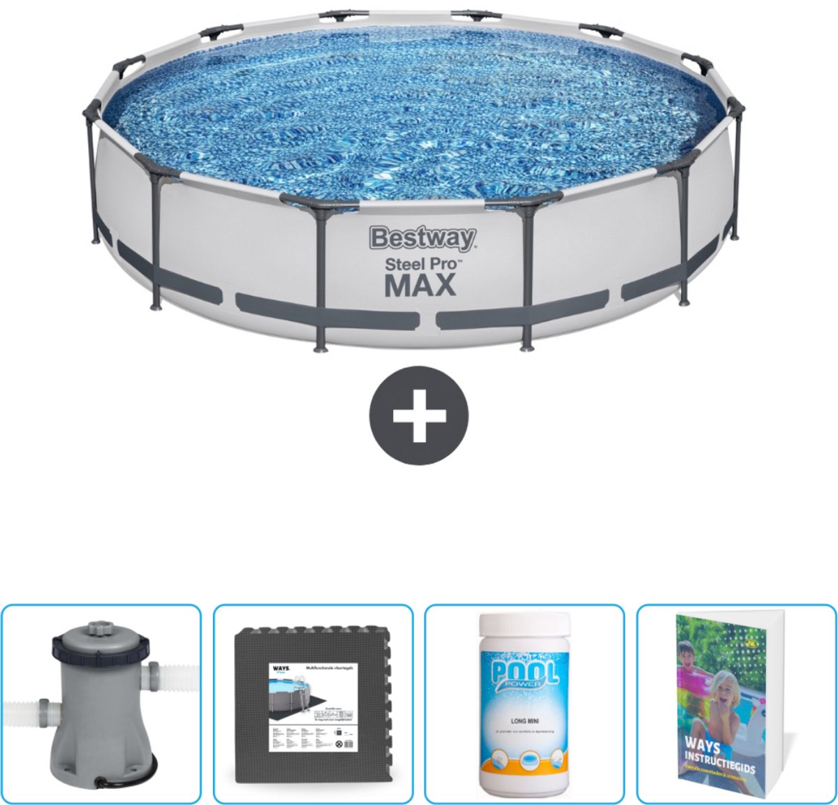 Bestway Rond Steel Pro MAX Zwembad - 366 x 76 cm - Grijs - Inclusief Pomp Vloertegels - Chloor - Zwembadgids