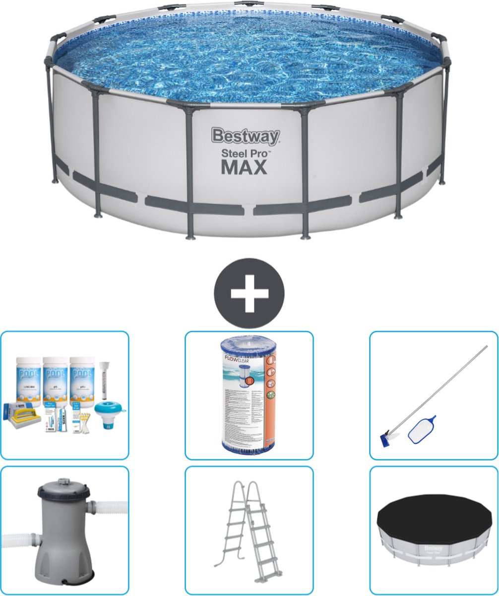Bestway Rond Steel Pro MAX Zwembad - 396 x 122 cm - Grijs - Inclusief Pomp - Ladder - Afdekzeil Onderhoudspakket - Filter - Schoonmaakset