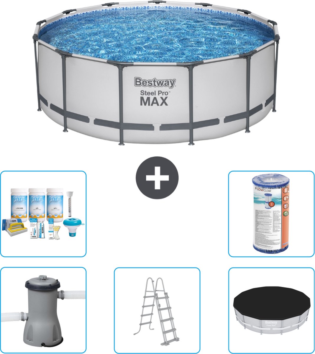 Bestway Rond Steel Pro MAX Zwembad - 396 x 122 cm - Grijs - Inclusief Pomp - Ladder - Afdekzeil Onderhoudspakket - Filter