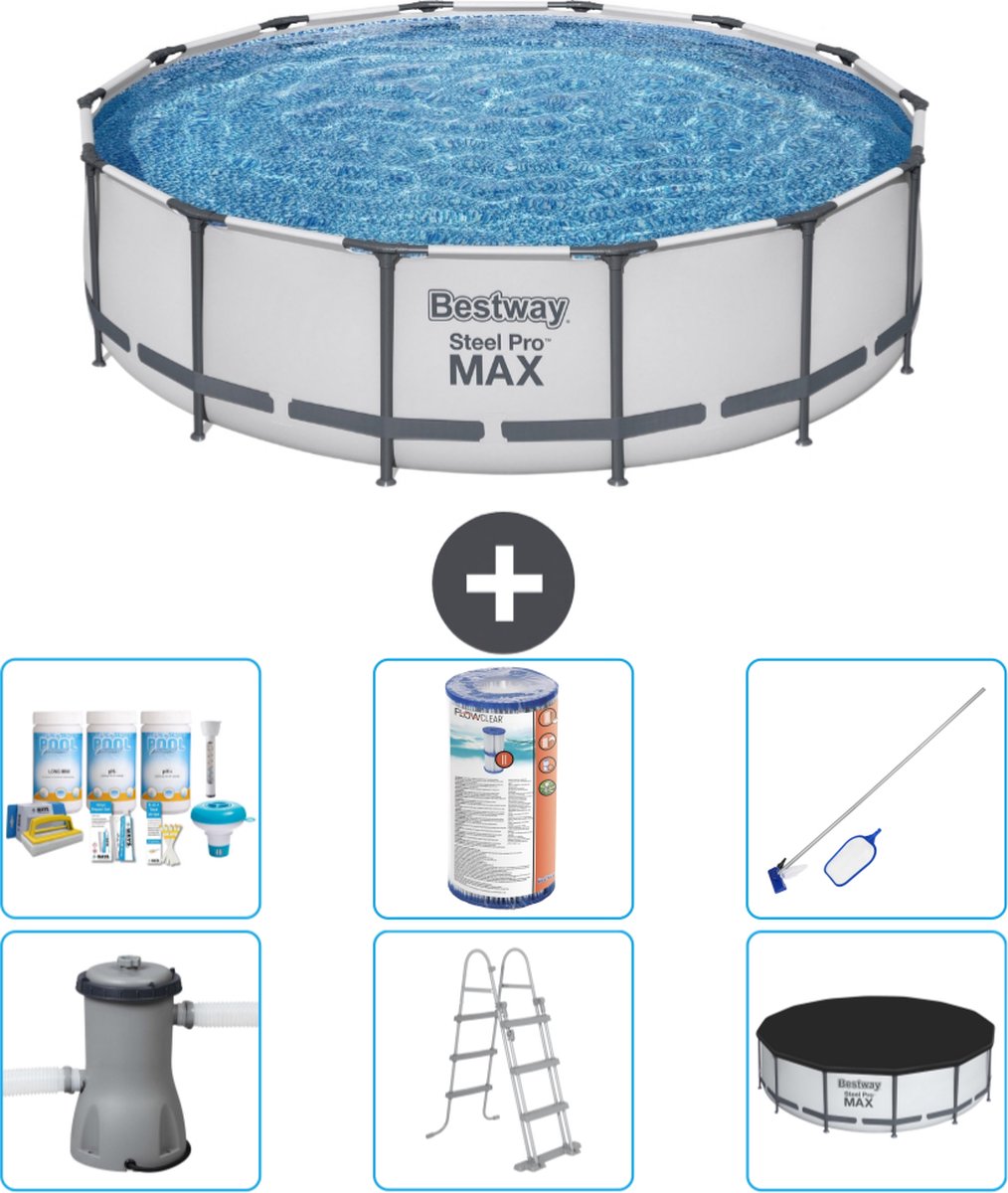 Bestway Rond Steel Pro MAX Zwembad - 427 x 107 cm - Grijs - Inclusief Pomp - Ladder - Afdekzeil Onderhoudspakket - Filter - Schoonmaakset