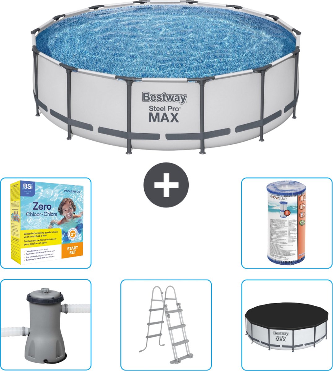 Bestway Rond Steel Pro MAX Zwembad - 427 x 107 cm - Grijs - Inclusief Pomp - Ladder - Afdekzeil Onderhoudspakket - Filter