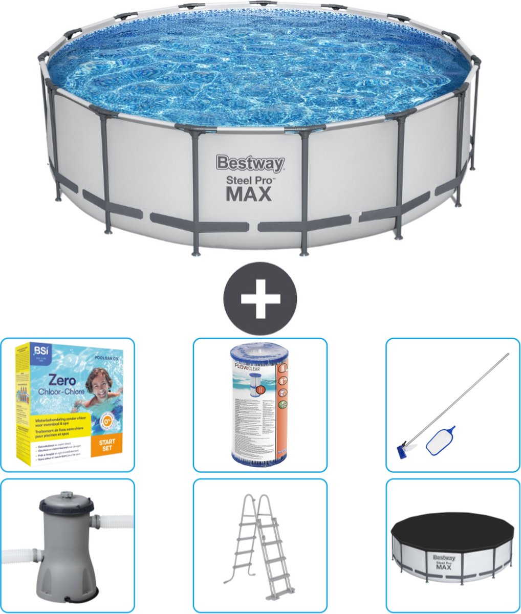 Bestway Rond Steel Pro MAX Zwembad - 457 x 122 cm - Grijs - Inclusief Pomp - Ladder - Afdekzeil Onderhoudspakket - Filter - Schoonmaakset