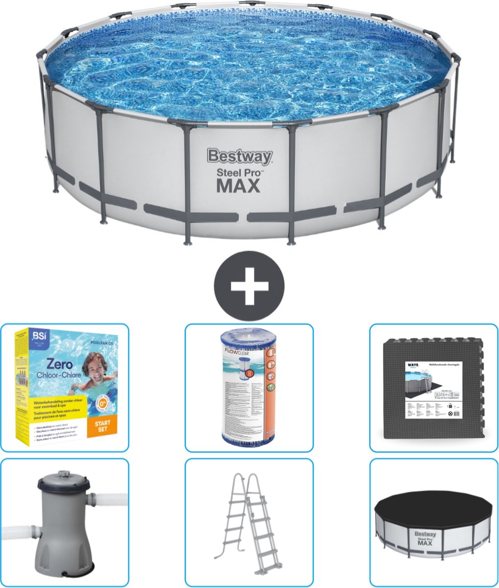 Bestway Rond Steel Pro MAX Zwembad - 457 x 122 cm - Grijs - Inclusief Pomp - Ladder - Afdekzeil Onderhoudspakket - Filter - Vloertegels