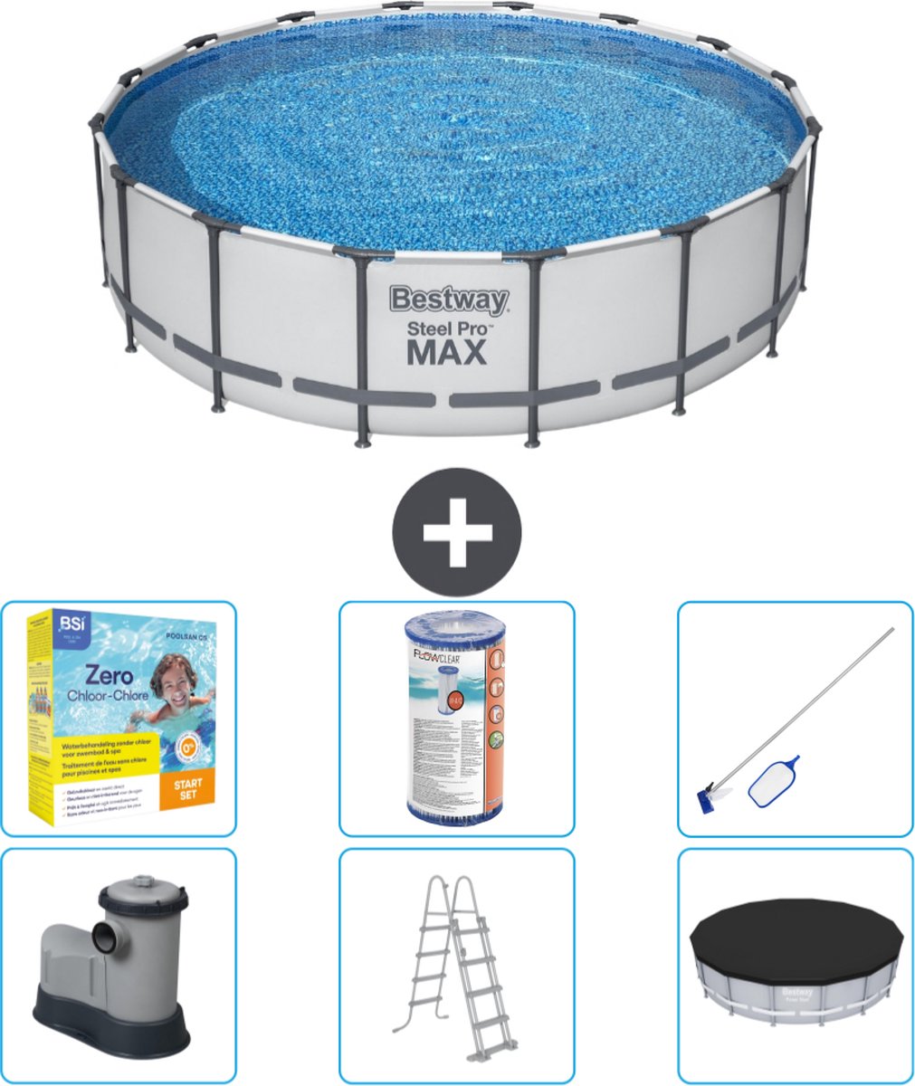 Bestway Rond Steel Pro MAX Zwembad - 488 x 122 cm - Grijs - Inclusief Pomp - Ladder - Afdekzeil Onderhoudspakket - Filter - Schoonmaakset