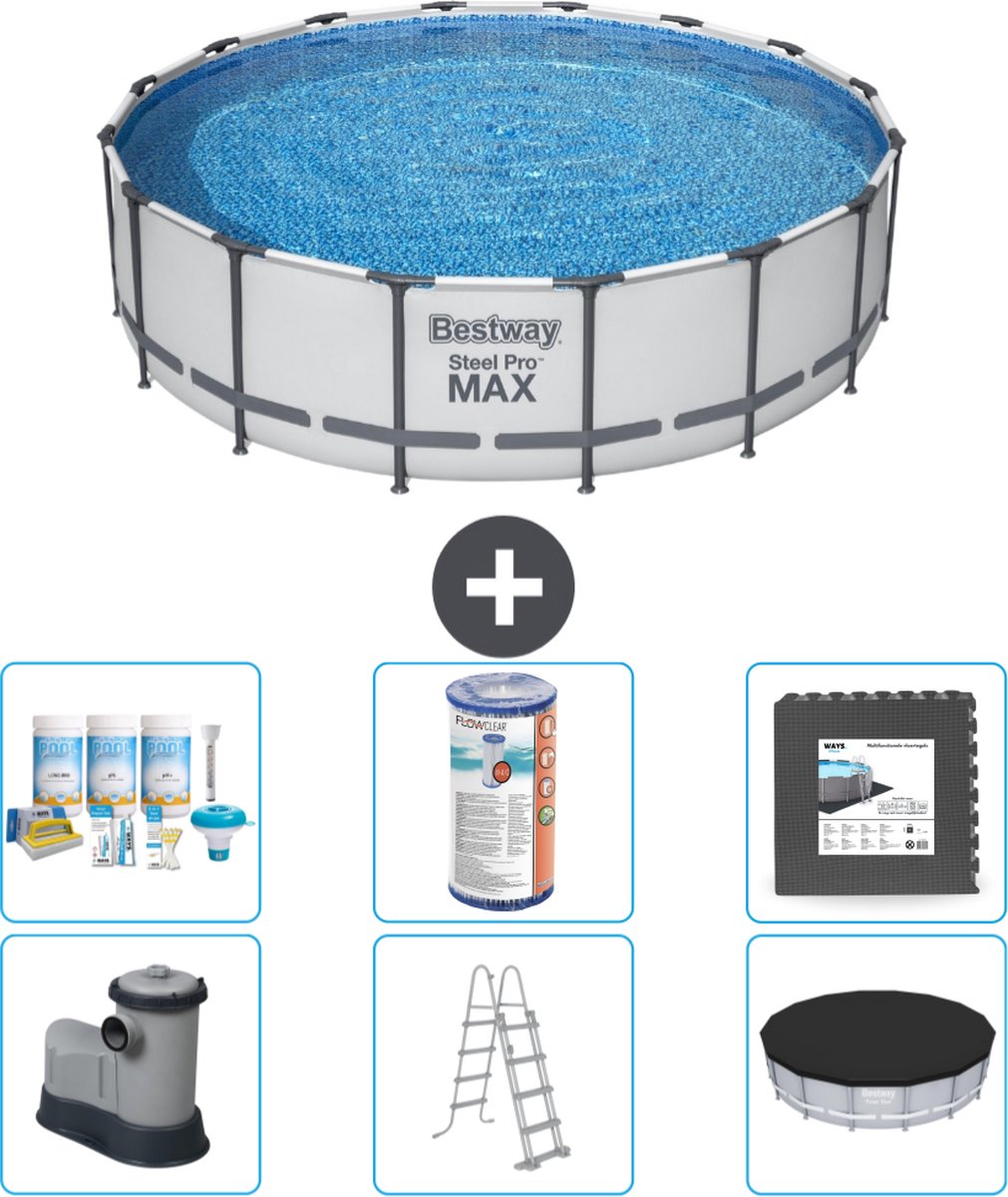 Bestway Rond Steel Pro MAX Zwembad - 488 x 122 cm - Grijs - Inclusief Pomp - Ladder - Afdekzeil Onderhoudspakket - Filter - Vloertegels