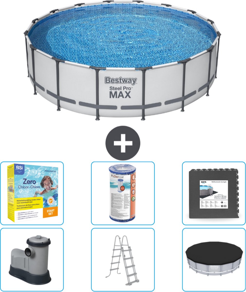 Bestway Rond Steel Pro MAX Zwembad - 488 x 122 cm - Grijs - Inclusief Pomp - Ladder - Afdekzeil Onderhoudspakket - Filter - Vloertegels
