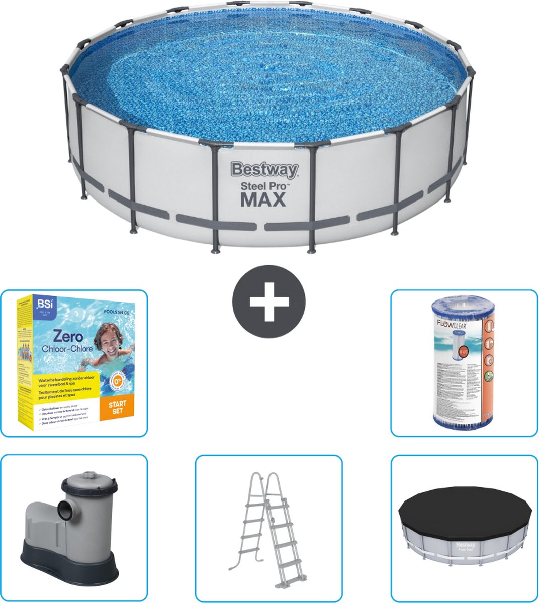 Bestway Rond Steel Pro MAX Zwembad - 488 x 122 cm - Grijs - Inclusief Pomp - Ladder - Afdekzeil Onderhoudspakket - Filter