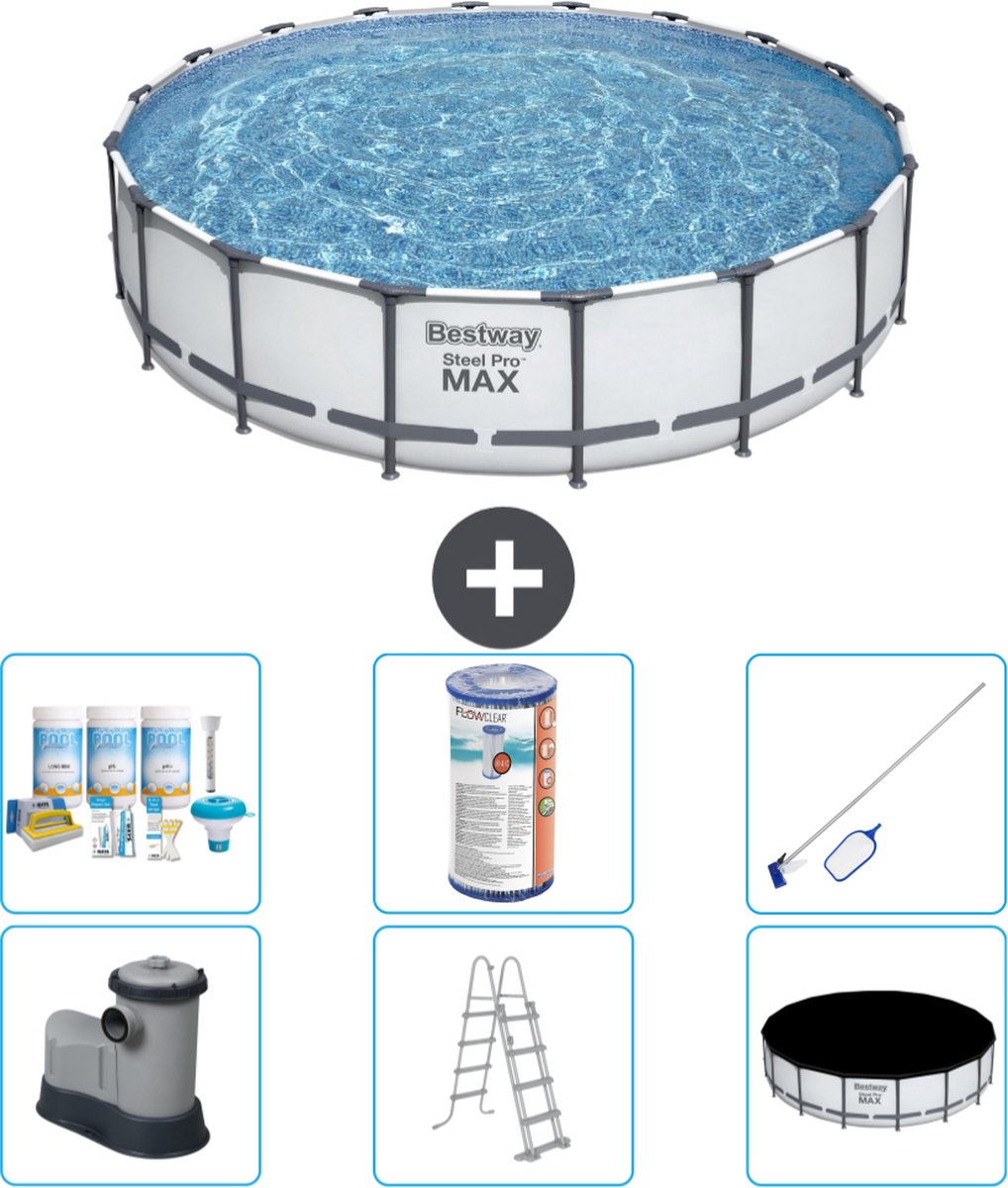 Bestway Rond Steel Pro MAX Zwembad - 549 x 122 cm - Grijs - Inclusief Pomp - Ladder - Afdekzeil Onderhoudspakket - Filter - Schoonmaakset
