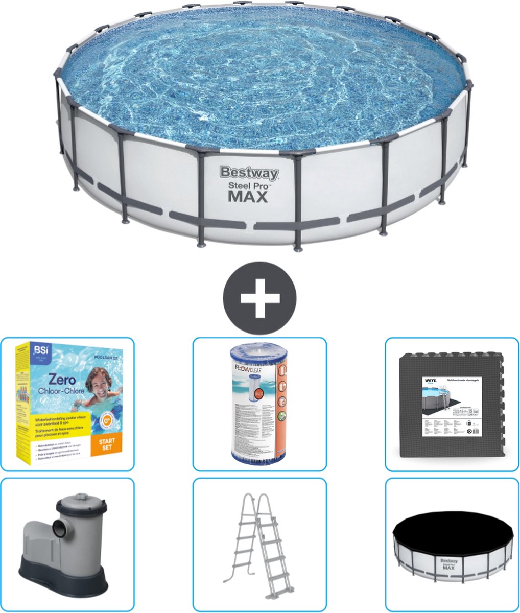 Bestway Rond Steel Pro MAX Zwembad - 549 x 122 cm - Grijs - Inclusief Pomp - Ladder - Afdekzeil Onderhoudspakket - Filter - Vloertegels