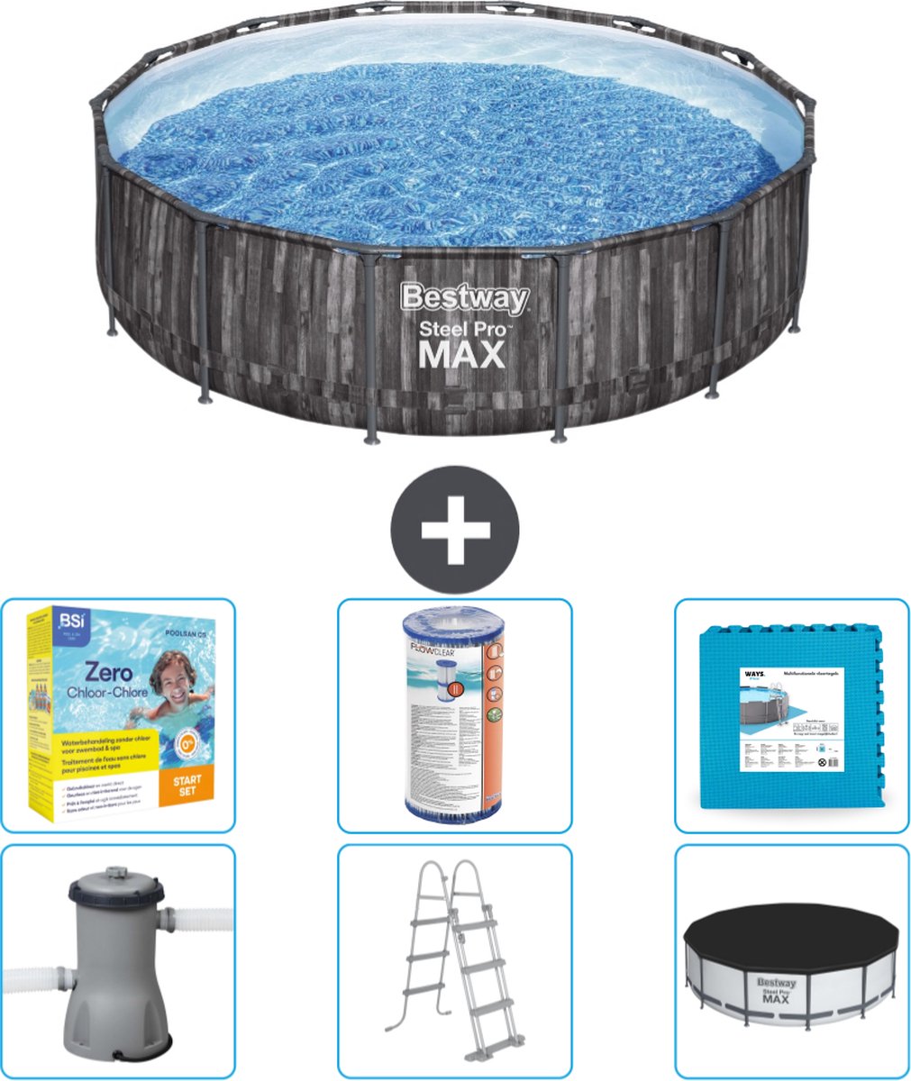 Bestway Rond Steel Pro MAX Zwembad - Houtprint - 427 x 107 cm - Inclusief Pomp - Ladder - Afdekzeil Onderhoudspakket - Filter - Vloertegels