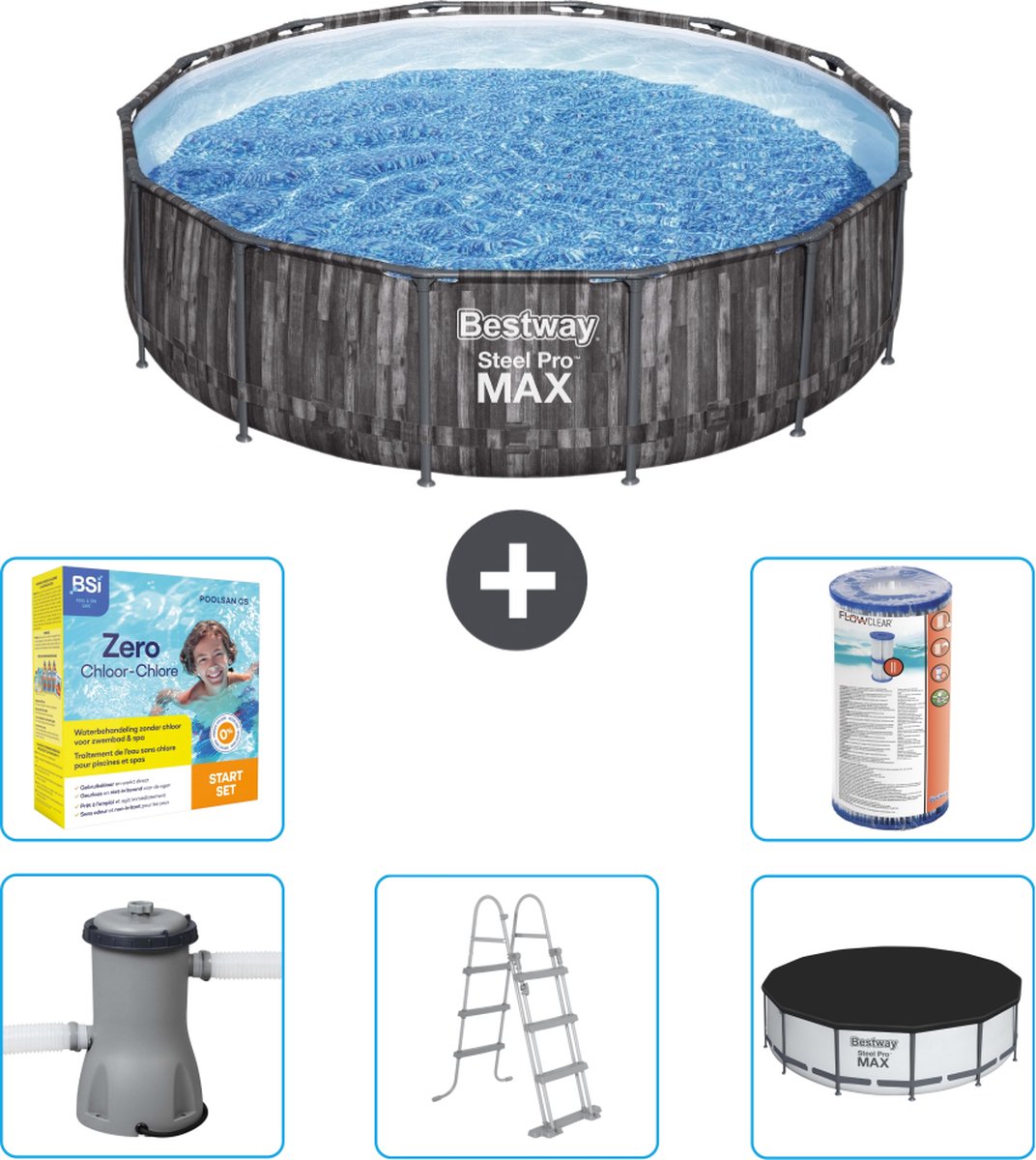 Bestway Rond Steel Pro MAX Zwembad - Houtprint - 427 x 107 cm - Inclusief Pomp - Ladder - Afdekzeil Onderhoudspakket - Filter