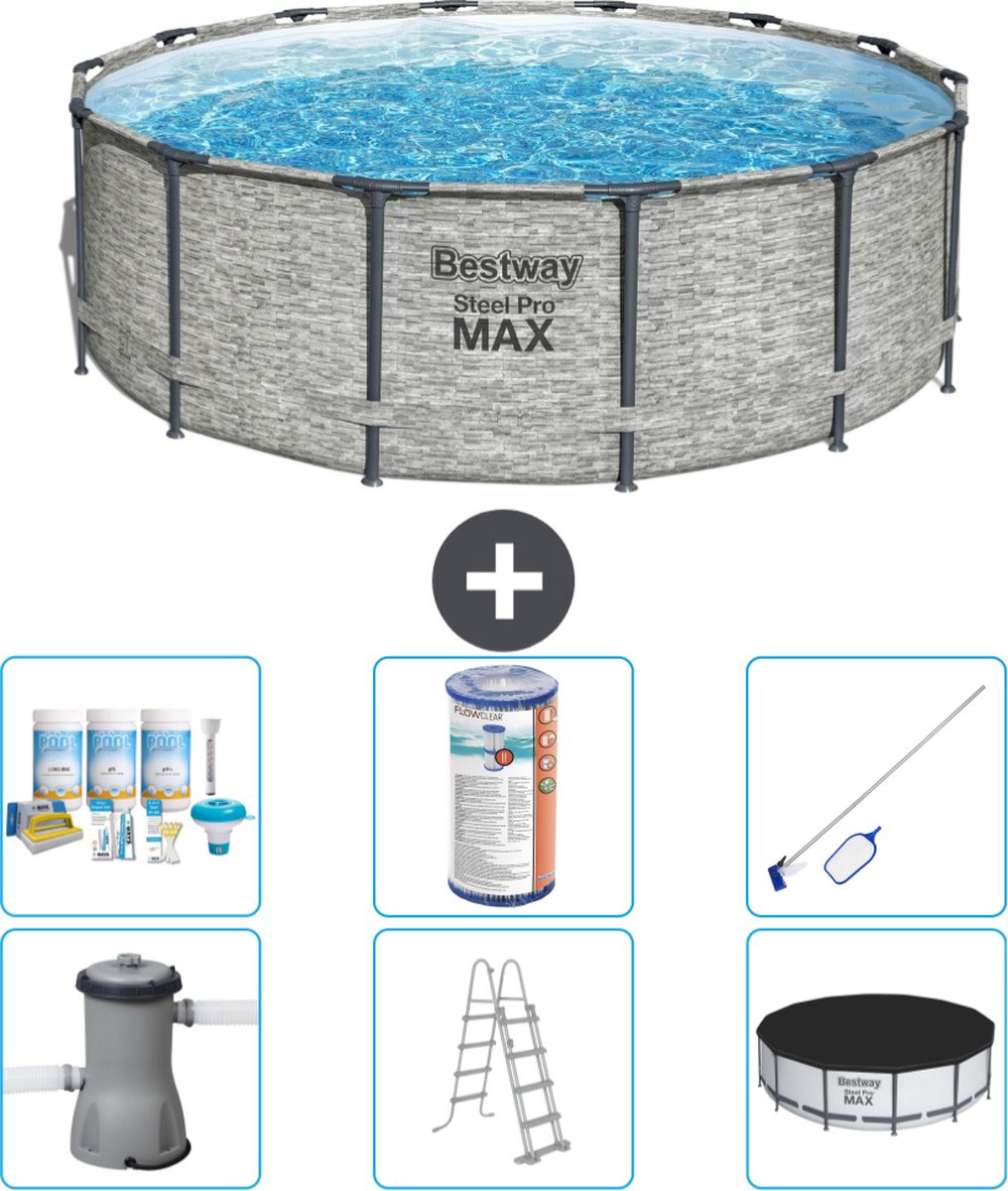 Bestway Rond Steel Pro MAX Zwembad - Steenprint - 427 x 122 cm - Inclusief Pomp - Ladder - Afdekzeil Onderhoudspakket - Filter - Schoonmaakset