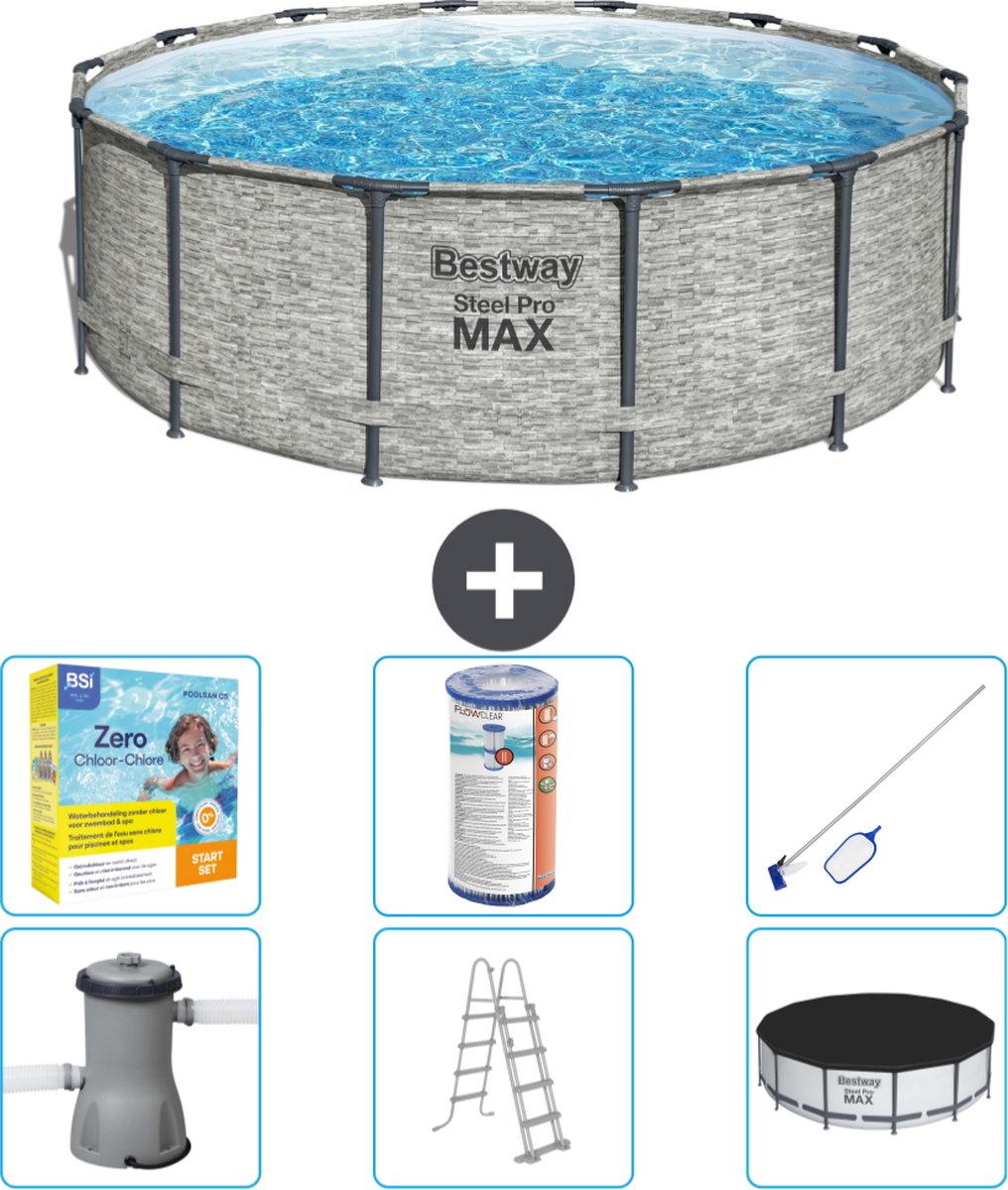 Bestway Rond Steel Pro MAX Zwembad - Steenprint - 427 x 122 cm - Inclusief Pomp - Ladder - Afdekzeil Onderhoudspakket - Filter - Schoonmaakset