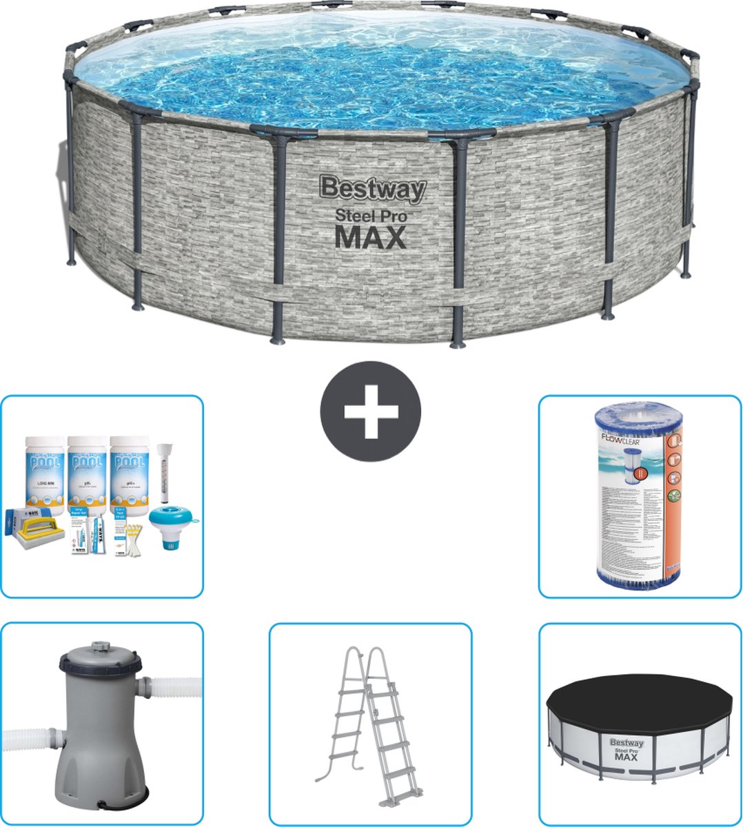 Bestway Rond Steel Pro MAX Zwembad - Steenprint - 427 x 122 cm - Inclusief Pomp - Ladder - Afdekzeil Onderhoudspakket - Filter