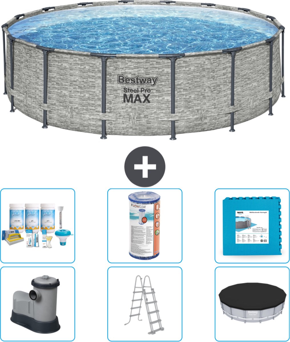 Bestway Rond Steel Pro MAX Zwembad - Steenprint - 488 x 122 cm - Inclusief Pomp - Ladder - Afdekzeil Onderhoudspakket - Filter - Vloertegels