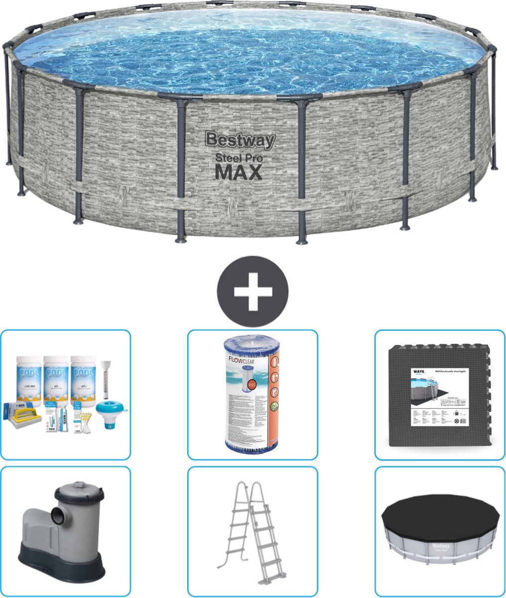 Bestway Rond Steel Pro MAX Zwembad - Steenprint - 488 x 122 cm - Inclusief Pomp - Ladder - Afdekzeil Onderhoudspakket - Filter - Vloertegels