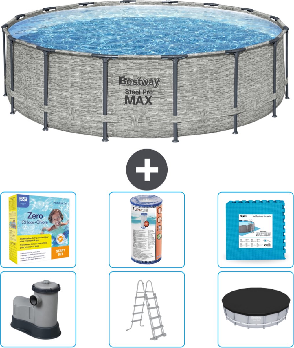 Bestway Rond Steel Pro MAX Zwembad - Steenprint - 488 x 122 cm - Inclusief Pomp - Ladder - Afdekzeil Onderhoudspakket - Filter - Vloertegels