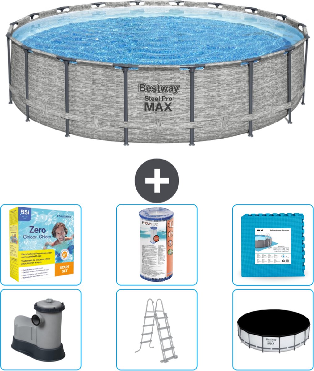 Bestway Rond Steel Pro MAX Zwembad - Steenprint - 549 x 122 - Inclusief Pomp - Ladder - Afdekzeil Onderhoudspakket - Filter - Vloertegels
