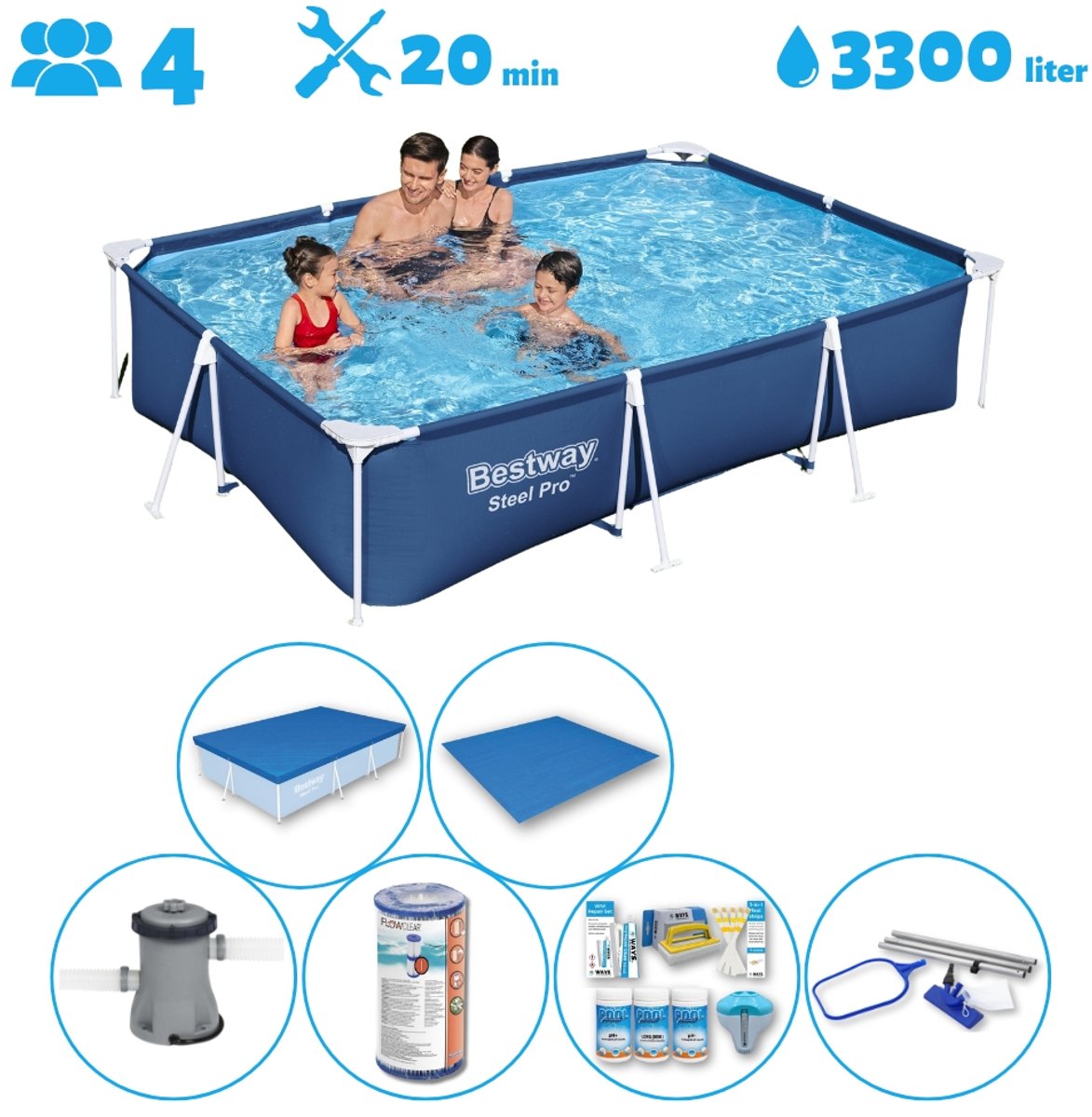 Bestway Rechthoekig Opzetzwembad - 300 x 201 x 66 cm - Blauw - Inclusief Pomp - Filter - Onderhoudspakket - Grondzeil - Afdekzeil - Schoonmaakset