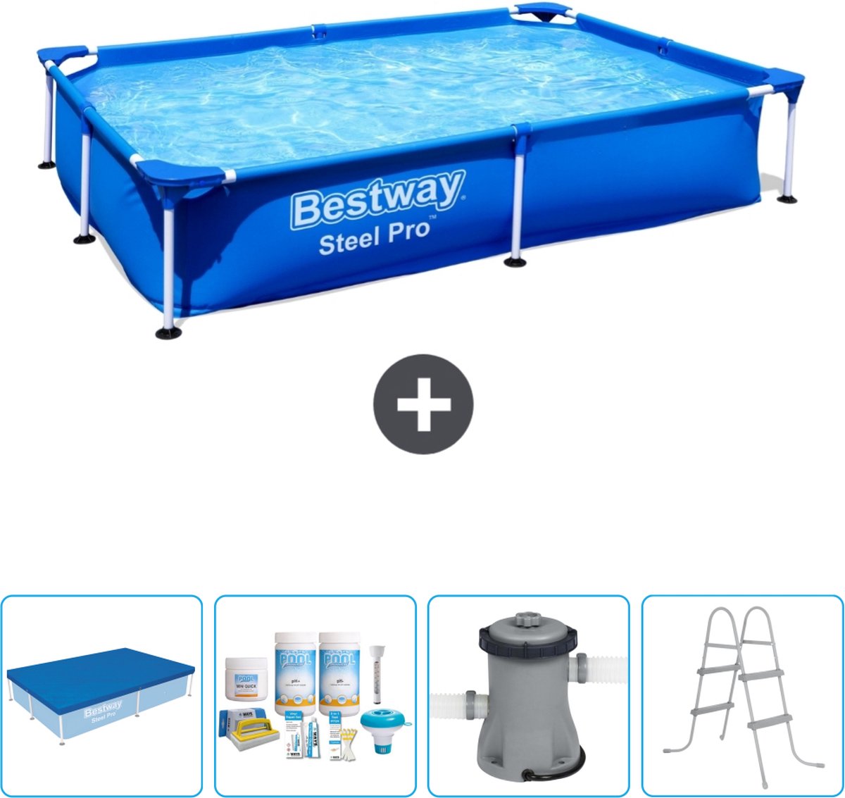 Bestway Rechthoekig Steel Pro Zwembad - 221 x 150 x 43 cm - Blauw - Inclusief Afdekzeil - Onderhoudspakket - Pomp - Ladder