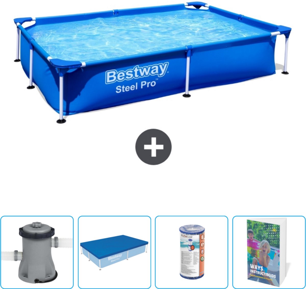 Bestway Rechthoekig Steel Pro Zwembad - 221 x 150 x 43 cm - Blauw - Inclusief Pomp - Afdekzeil - Filter - Zwembadgids