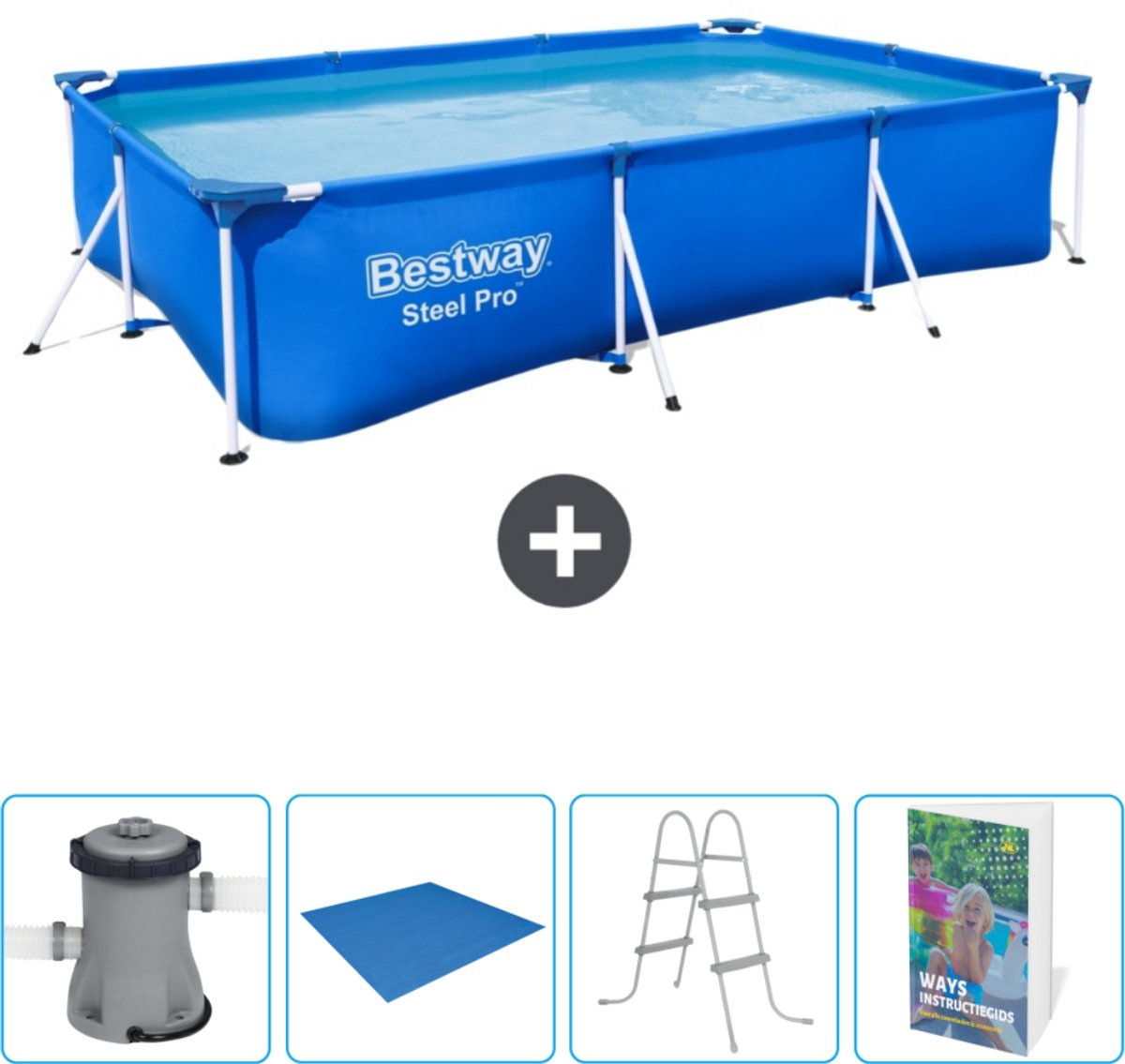 Bestway Rechthoekig Steel Pro Zwembad - 300 x 201 x 66 cm - Blauw - Inclusief Pomp - Grondzeil - Ladder - Zwembadgids