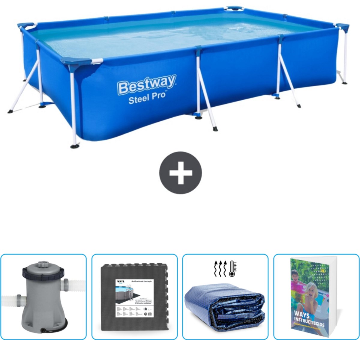 Bestway Rechthoekig Steel Pro Zwembad - 300 x 201 x 66 cm - Blauw - Inclusief Pomp - Vloertegels - Solarzeil - Zwembadgids
