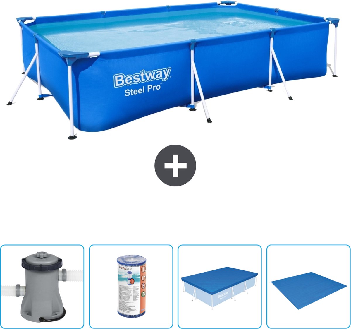Bestway Rechthoekig Steel Pro Zwembad - 300 x 201 x 66 cm - Blauw - Inclusief Pomp Filter - Afdekzeil - Grondzeil