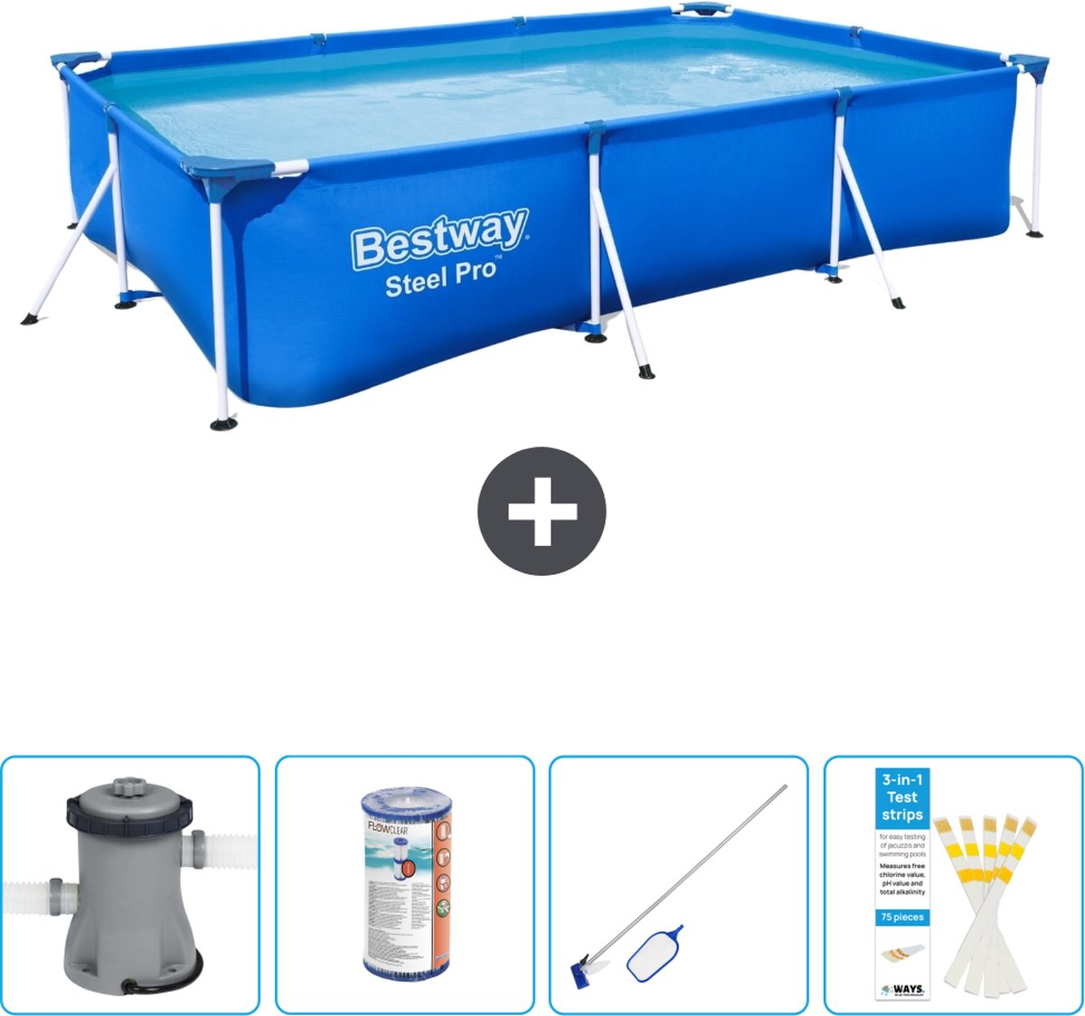 Bestway Rechthoekig Steel Pro Zwembad - 300 x 201 x 66 cm - Blauw - Inclusief Pomp Filter - Schoonmaakset - Testrips