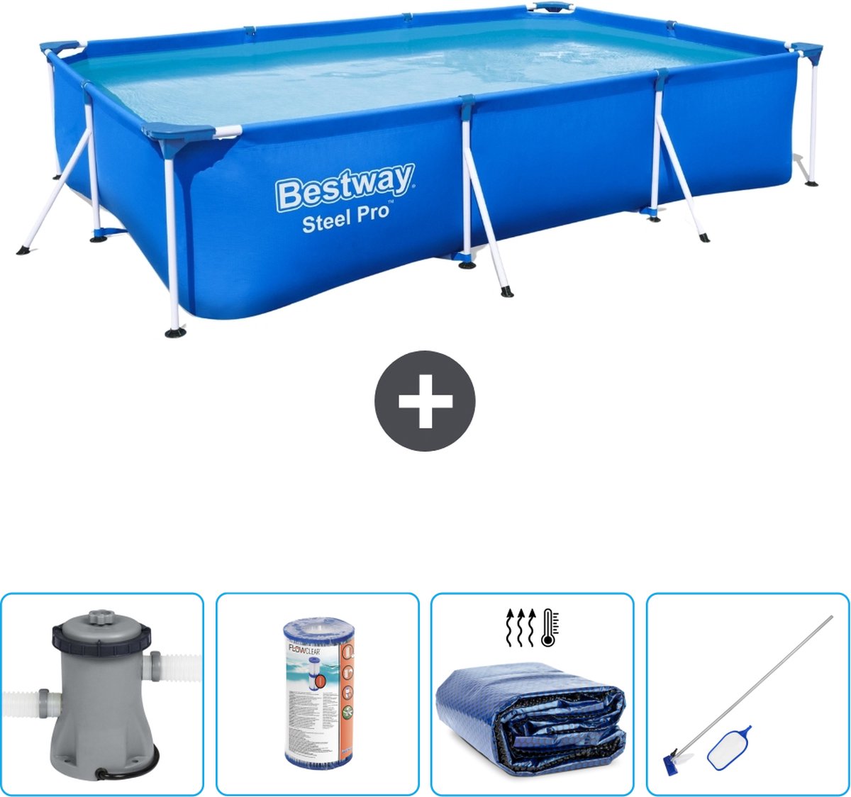 Bestway Rechthoekig Steel Pro Zwembad - 300 x 201 x 66 cm - Blauw - Inclusief Pomp Filter - Solarzeil - Schoonmaakset