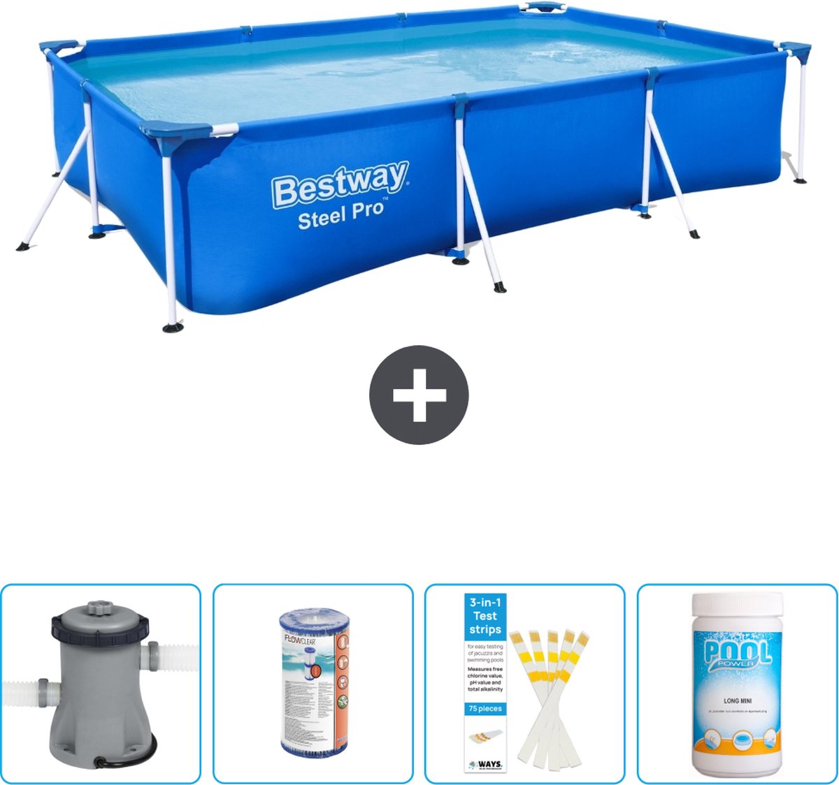 Bestway Rechthoekig Steel Pro Zwembad - 300 x 201 x 66 cm - Blauw - Inclusief Pomp Filter - Testrips - Chloor