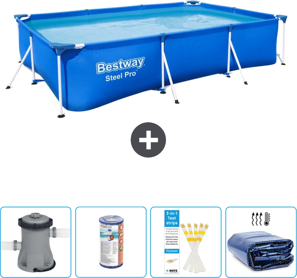 Bestway Rechthoekig Steel Pro Zwembad - 300 x 201 x 66 cm - Blauw - Inclusief Pomp Filter - Testrips - Solarzeil