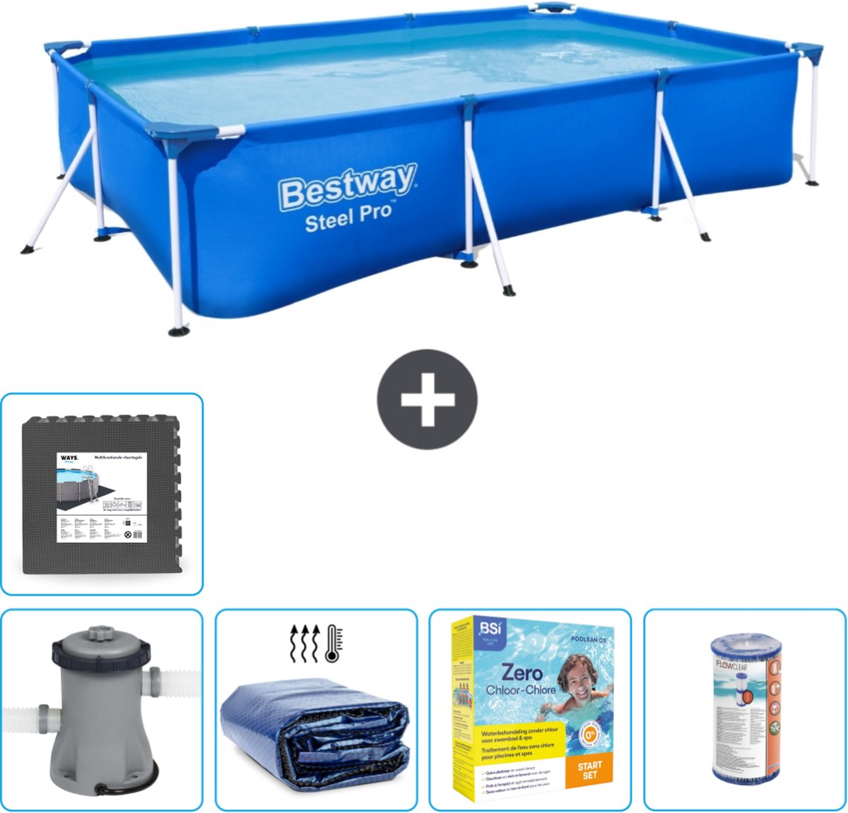 Bestway Rechthoekig Steel Pro Zwembad - 300 x 201 x 66 cm - Blauw - Inclusief Pomp Solarzeil - Onderhoudspakket - Filter - Vloertegels