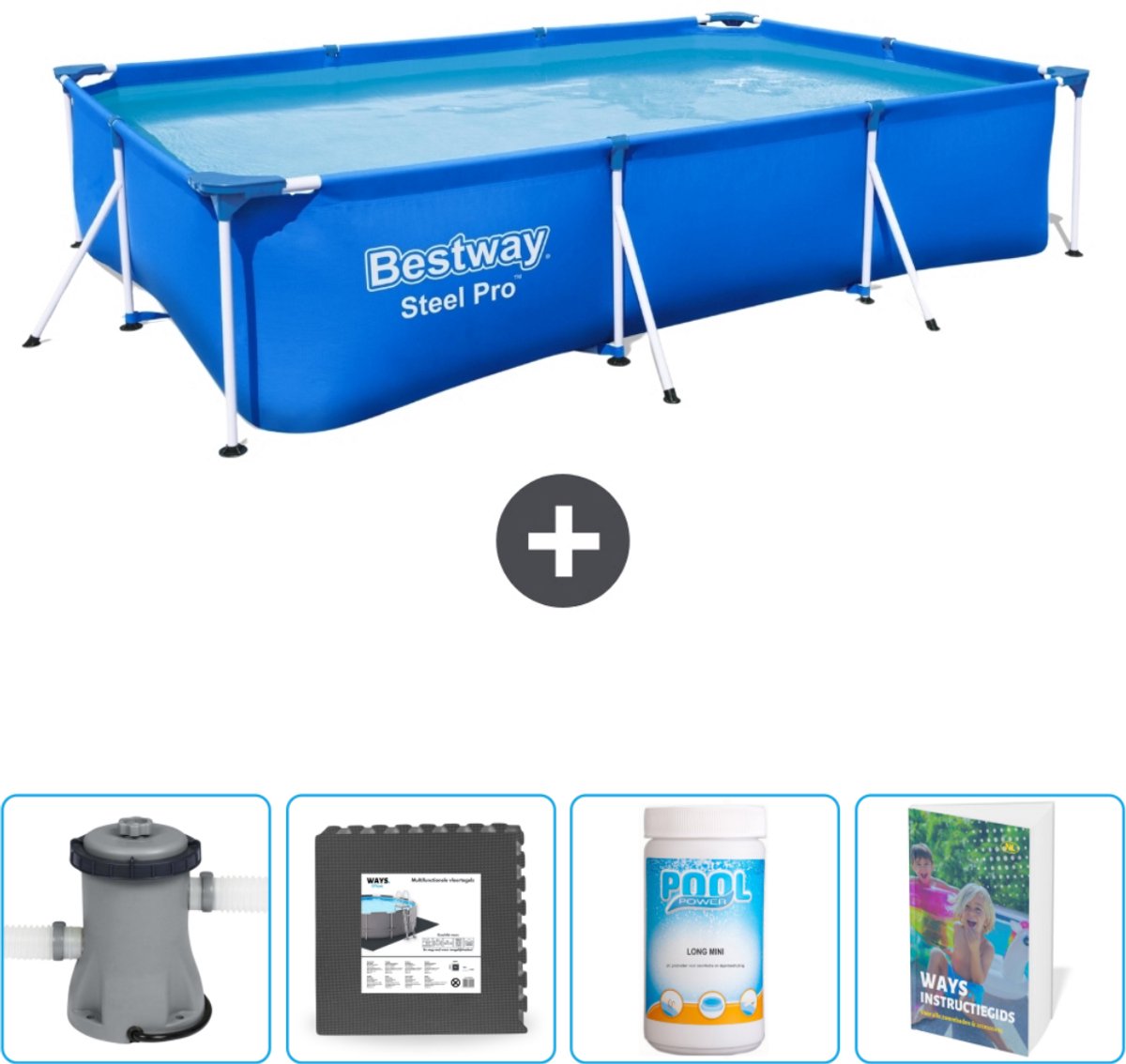 Bestway Rechthoekig Steel Pro Zwembad - 300 x 201 x 66 cm - Blauw - Inclusief Pomp Vloertegels - Chloor - Zwembadgids