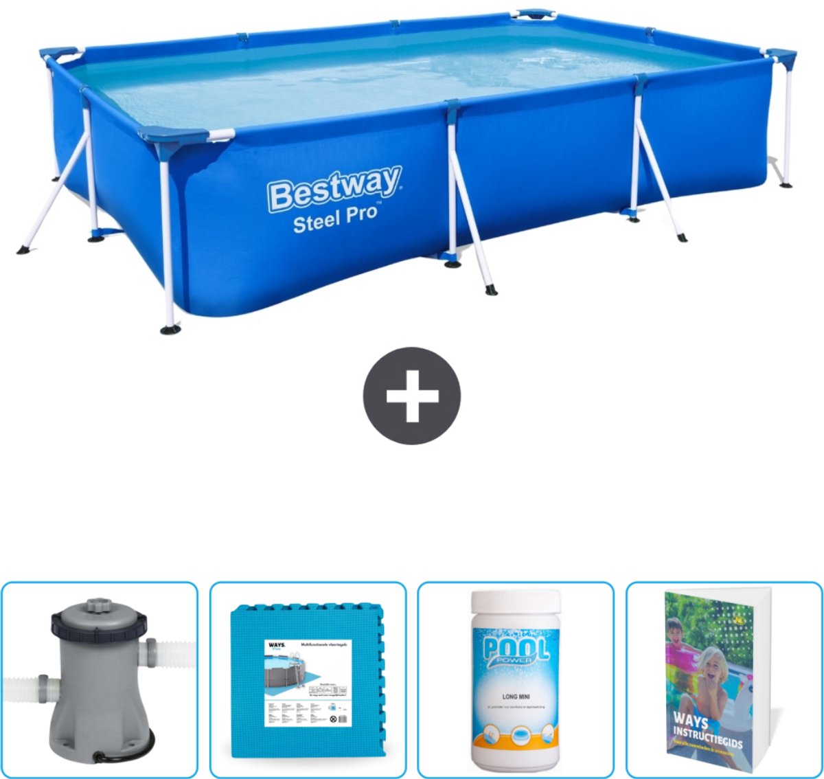 Bestway Rechthoekig Steel Pro Zwembad - 300 x 201 x 66 cm - Blauw - Inclusief Pomp Vloertegels - Chloor - Zwembadgids