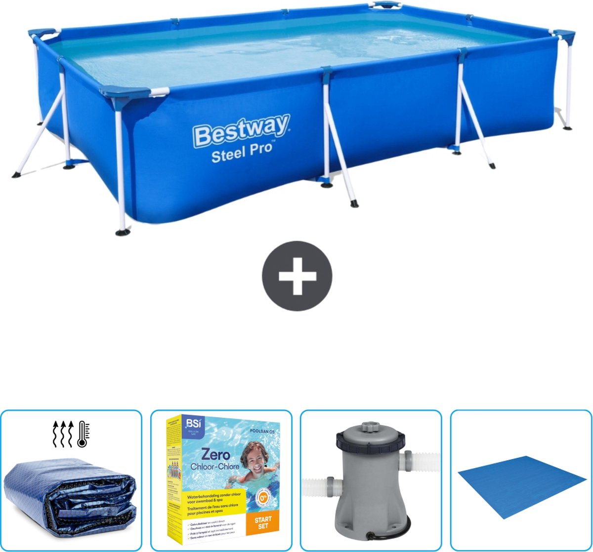 Bestway Rechthoekig Steel Pro Zwembad - 300 x 201 x 66 cm - Blauw - Inclusief Solarzeil - Onderhoudspakket - Pomp - Grondzeil