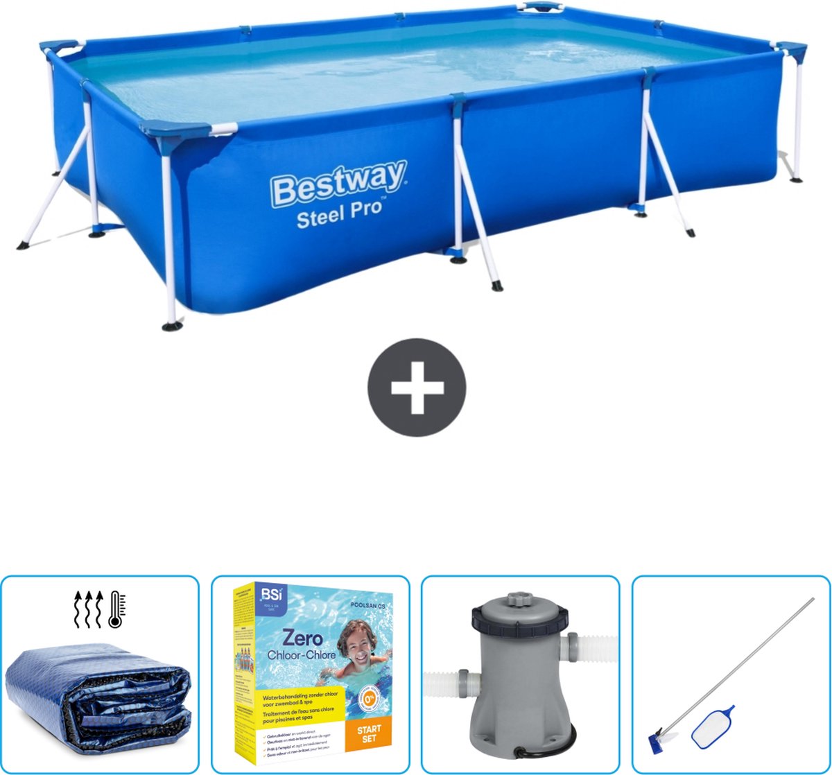 Bestway Rechthoekig Steel Pro Zwembad - 300 x 201 x 66 cm - Blauw - Inclusief Solarzeil - Onderhoudspakket - Pomp - Schoonmaakset