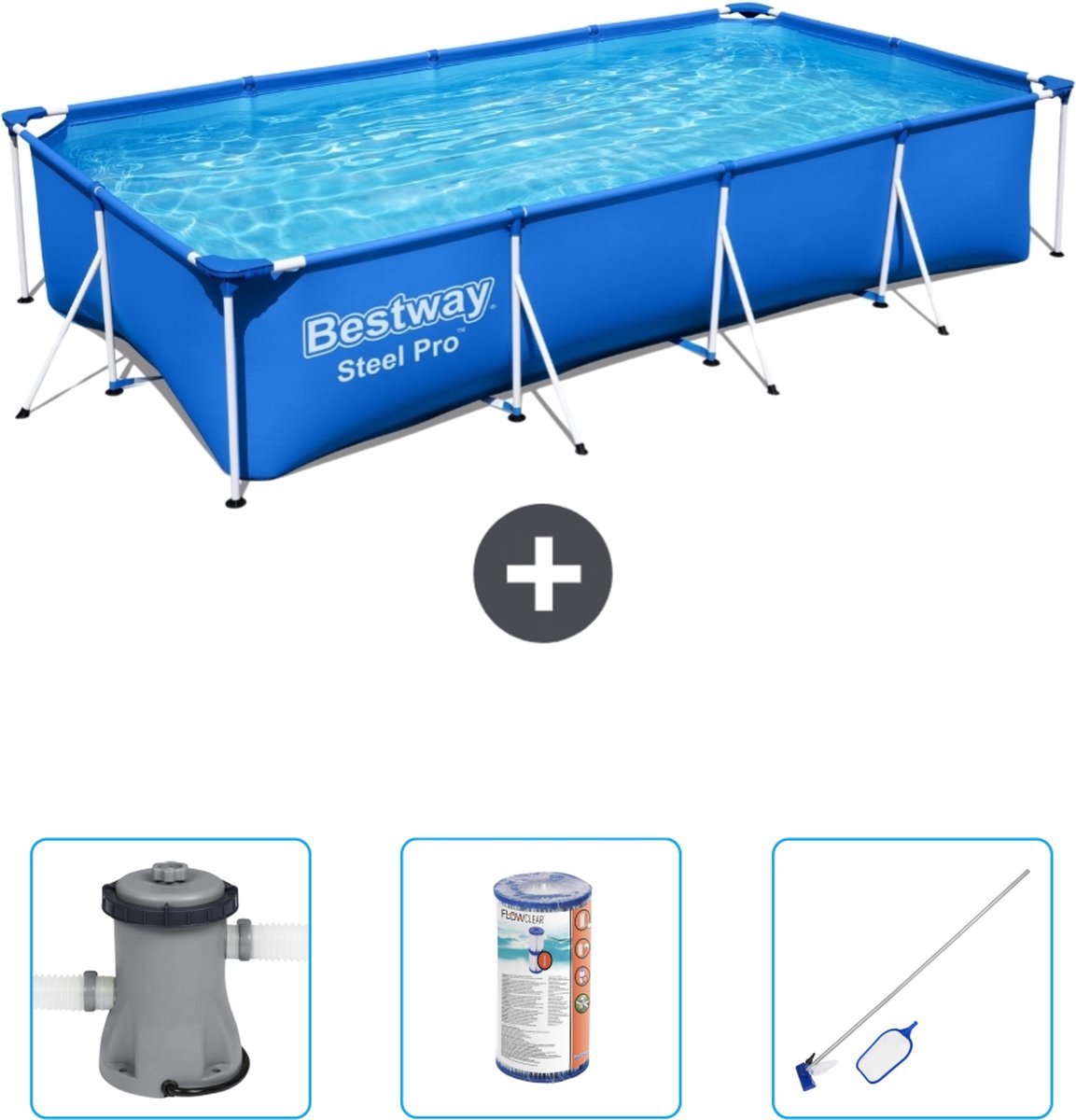 Bestway Rechthoekig Steel Pro Zwembad - 400 x 211 x 81 cm - Blauw - Inclusief Pomp Filter - Schoonmaakset