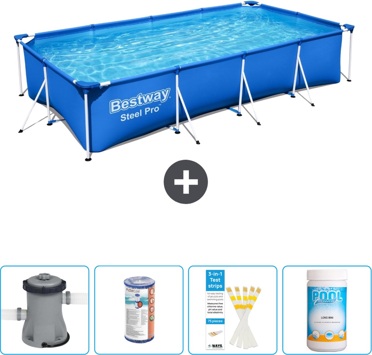 Bestway Rechthoekig Steel Pro Zwembad - 400 x 211 x 81 cm - Blauw - Inclusief Pomp Filter - Testrips - Chloor