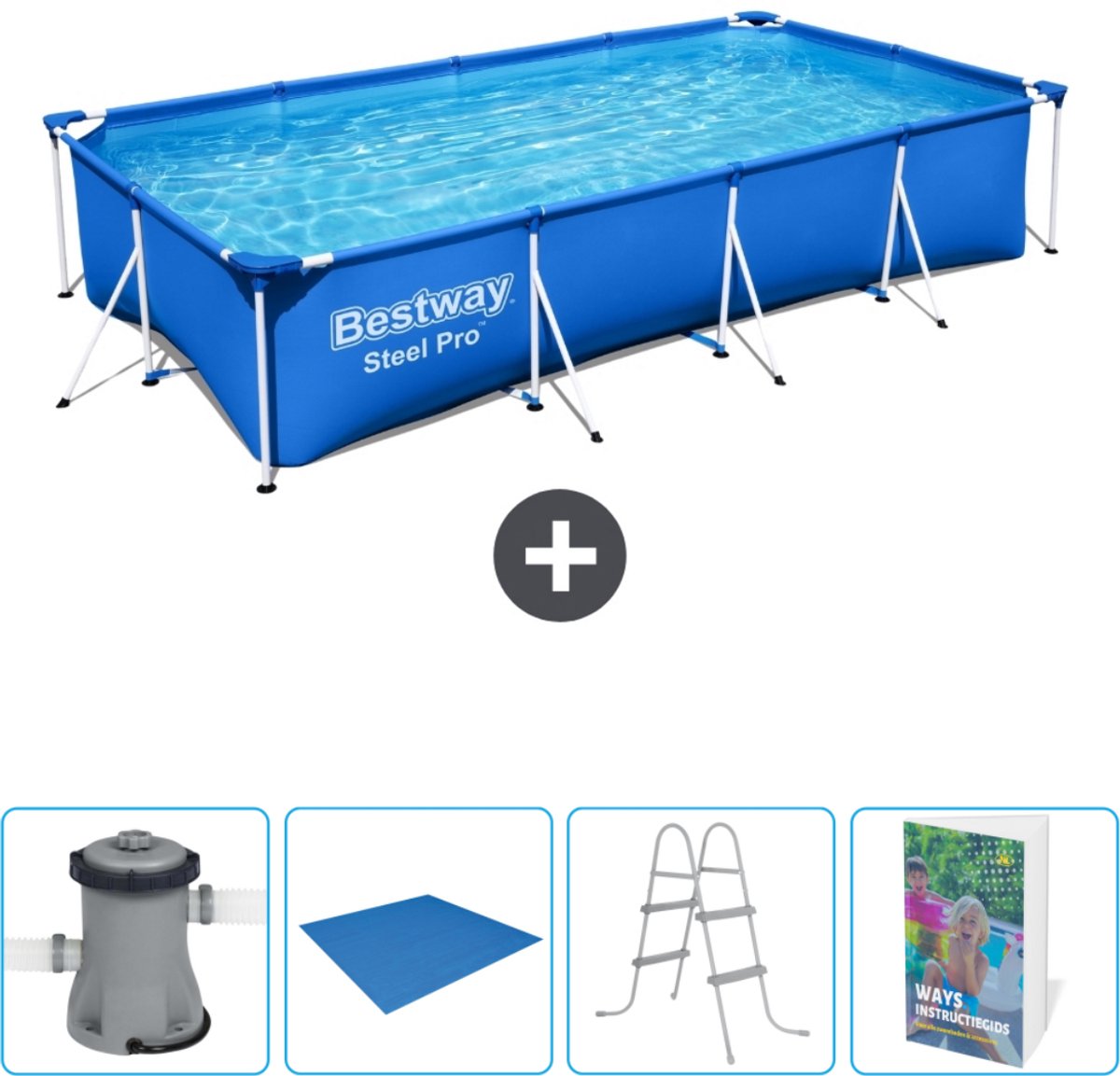 Bestway Rechthoekig Steel Pro Zwembad - 400 x 211 x 81 cm - Blauw - Inclusief Pomp Grondzeil - Ladder - Zwembadgids