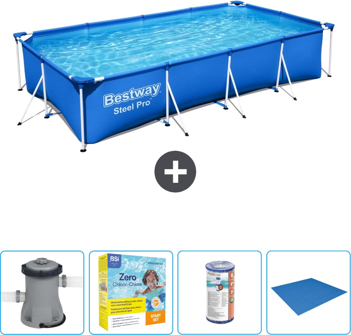 Bestway Rechthoekig Steel Pro Zwembad - 400 x 211 x 81 cm - Blauw - Inclusief Pomp Onderhoudspakket - Filter - Grondzeil