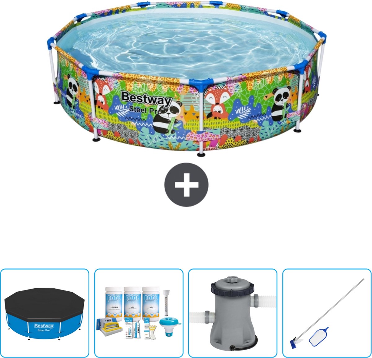 Bestway Rond Steel Pro Zwembad - 274 x 66 cm - Dierenprint - Inclusief Afdekzeil - Onderhoudspakket - Pomp - Schoonmaakset