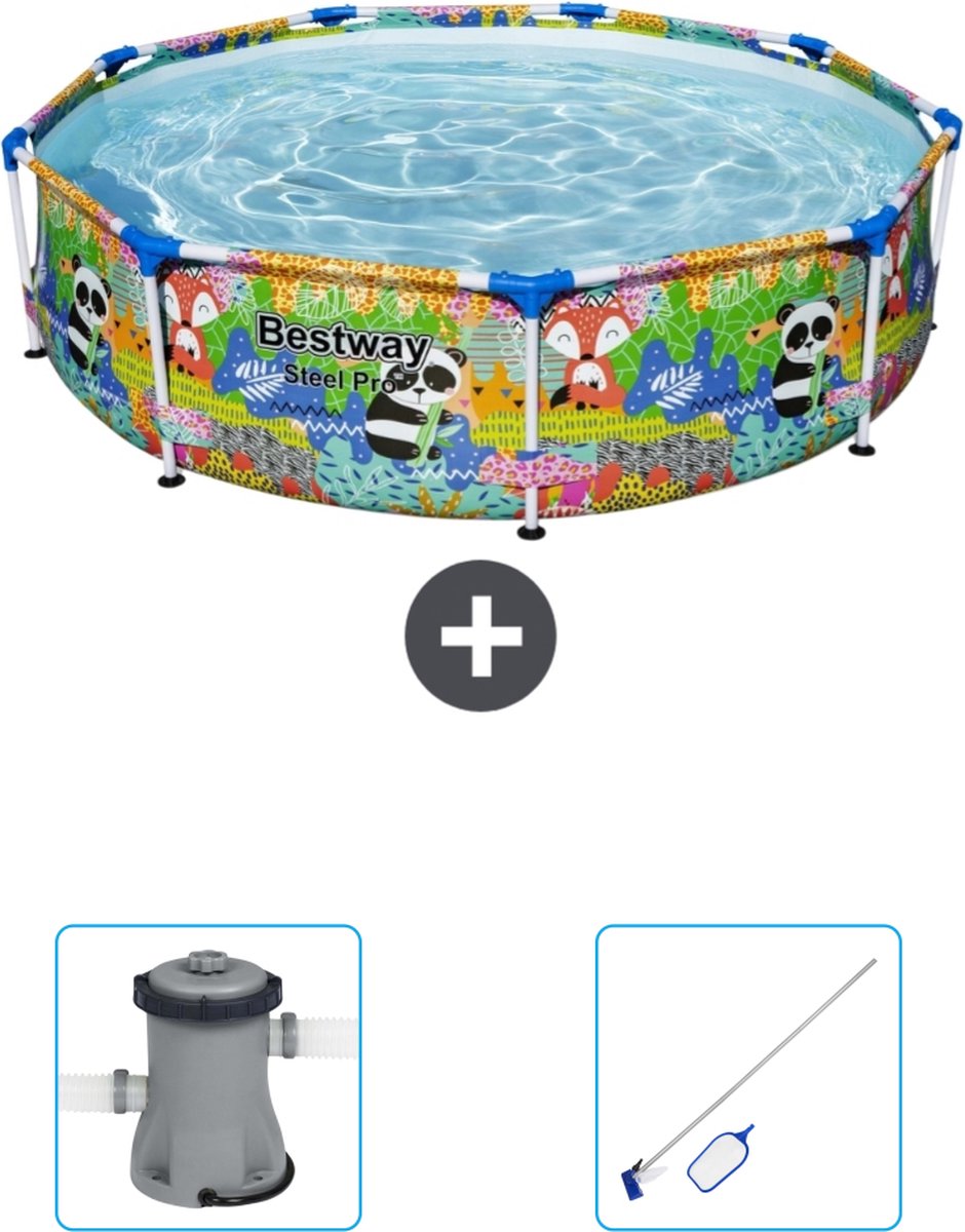 Bestway Rond Steel Pro Zwembad - 274 x 66 cm - Dierenprint - Inclusief Pomp - Schoonmaakset