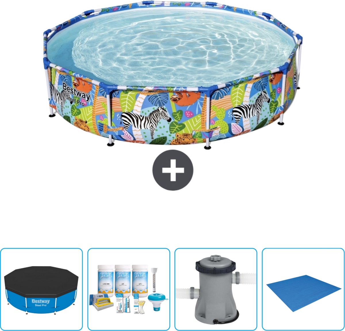 Bestway Rond Steel Pro Zwembad - 305 x 66 cm - Jungleprint - Inclusief Afdekzeil - Onderhoudspakket - Pomp - Grondzeil