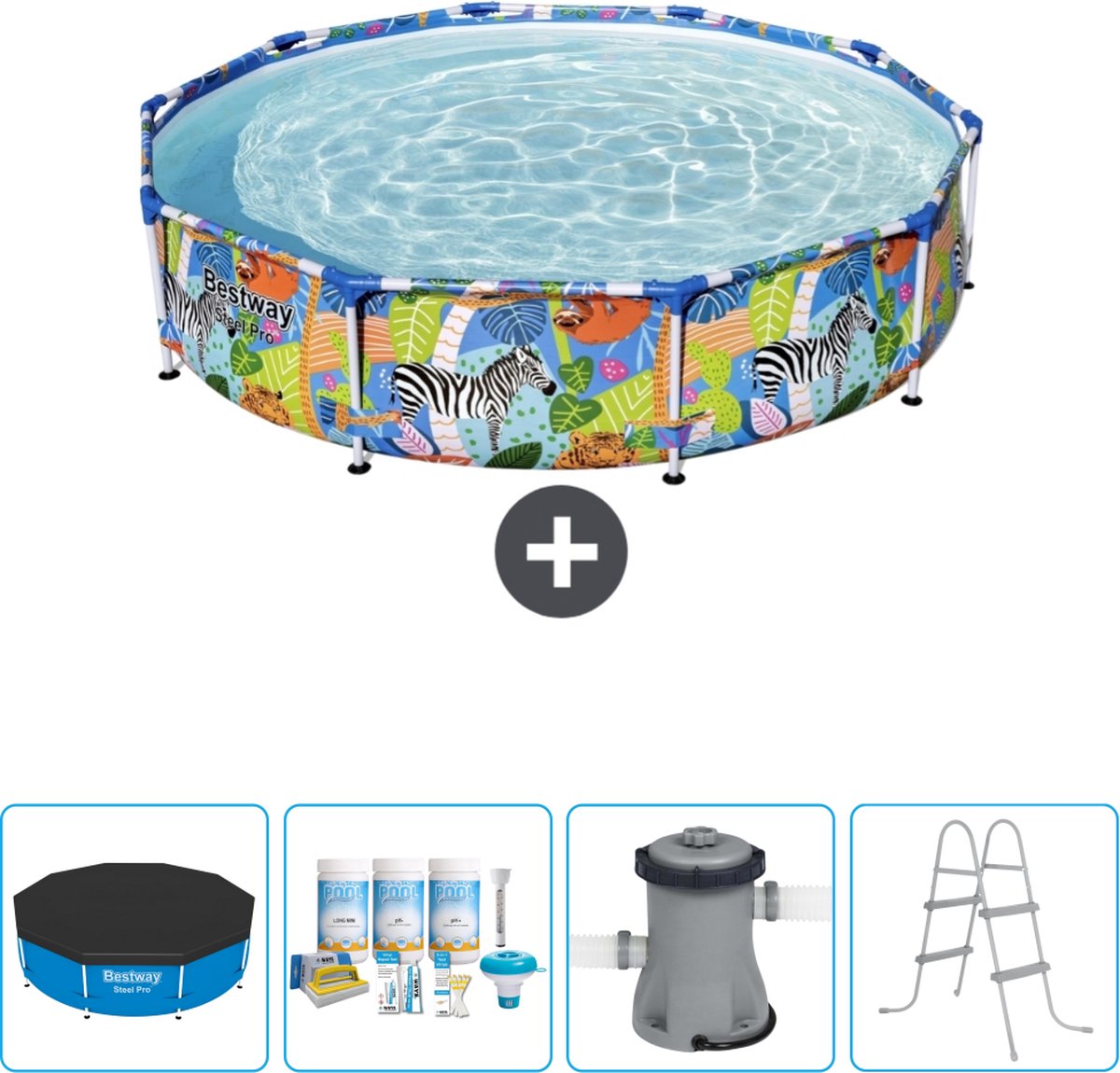 Bestway Rond Steel Pro Zwembad - 305 x 66 cm - Jungleprint - Inclusief Afdekzeil - Onderhoudspakket - Pomp - Ladder